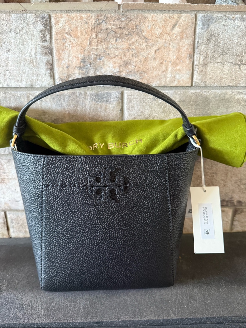Tory Burch Black Pebbled Leather McGraw Shoulder Bucket Bag with Logo